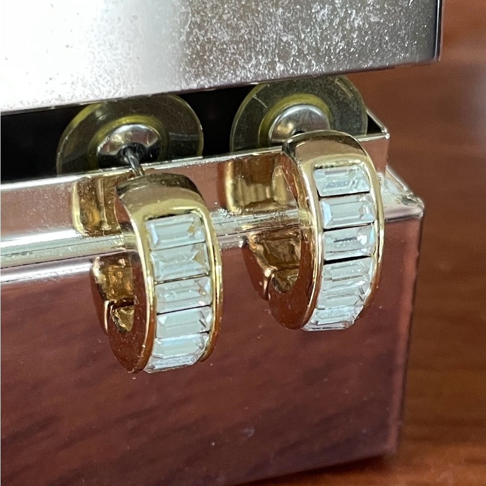 Roman Gold Plated Channel Set Baguette Crystal Pierced Hoop Earrings